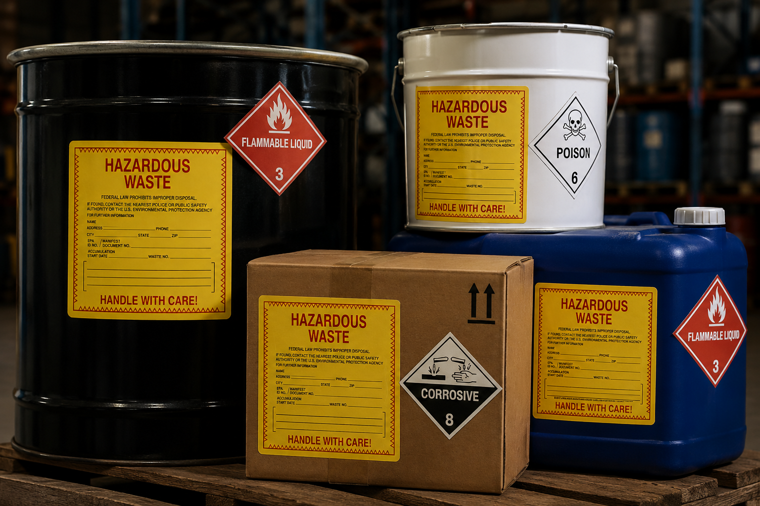 Hazardous waste packages with DOT hazard labels
